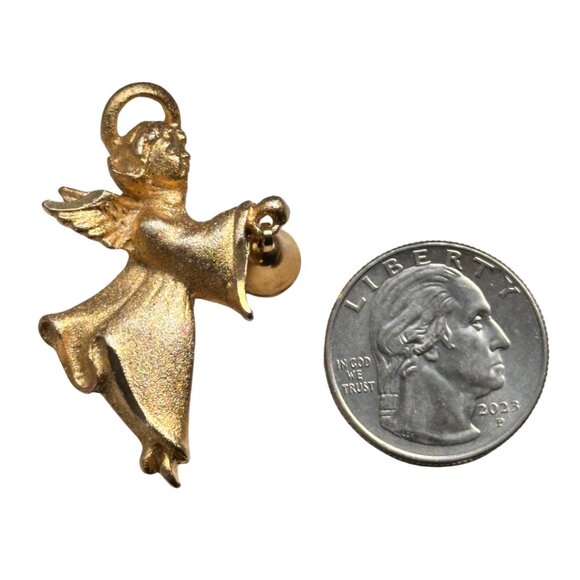 Robyn Rush Signed Guardian Angel Bell Brushed Gold Tone Christmas Brooch Vintage - Picture 4 of 4